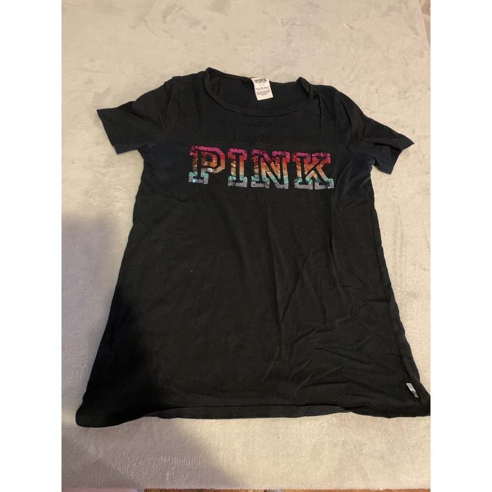 Victoria's Secret VS Pink Rainbow Bling Sequin Short Sleeve T-Shirt Black Small